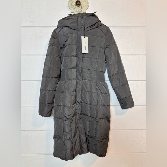 Cole Haan NWT Quilted Mid-Length Down Puffer Coat with Attached Hood XS Grey - Picture 2 of 11
